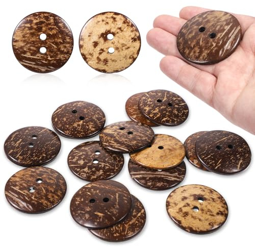15 botones de concha de natural, botones de grandes de 2 pulgadas, botón de 2 agujeros, botón de repuesto de madera marrón a granel para costura, manualidades, decoración de ropa