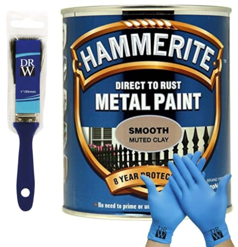 DRW Hammerite Direct to Rust Metal Paint Smooth Muted Clay 250ml 1 Paint Brush & Free Nitrile Gloves | Durable Anti-Rust Protection for Indoor & Outdoor Metal