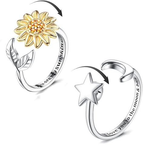 KRFY 2 Pezzi Anello Antistress Donna Argento Fidget Spinner Anello Regolabile Donna Stelle Girasole Fidget Anelli per Digitopressione Set di Anelli Antistress a Rotazione Aperta Regali con Scatola