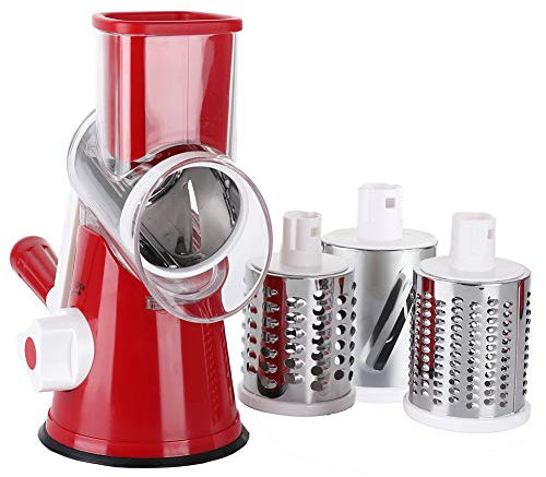 Ourokhome Vegetable Mandoline Slicer Chopper- Rotary Cheese Grater with 3 Interchangeable Ultra Sharp Cylinders Stainless Steel Blades（Red）