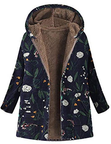 Yowablo Outwear Mäntel Plus Größe Damen Mit Kapuze Langarm Baumwolle Leinen Flauschigen Pelz Reißverschluss (4XL,1- Marine)