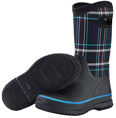 HISEA Womens Rain Boots, Women Neoprene Barn Boot Rubber Garden Shoes Waterproof Mid Calf Mud Boots for Outdoor Farming Work, Navy Plaid, Size 8