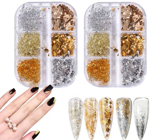 2 Boîtes Feuille d'art d'ongle Holographique Flocons Mixte Feuille,12 grilles Paillette à Ongles Feuille Nail Foil Or Argent Cuivre,HOINCO Paillette pour ongles décoration de design art