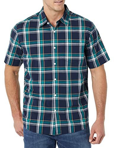 Amazon Essentials Chemise en popeline extensible à manches courtes (grandes tailles disponibles) Homme, Vert Bleu Marine Moyen Plaid, 4XL Grande taille Taille Tall