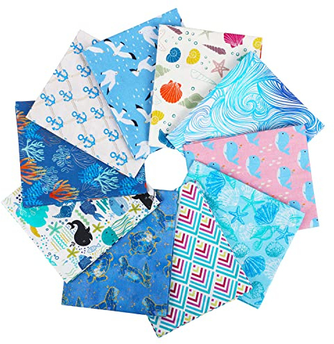 Craftido 10 piezas de Tela de Algodón Fat Quarters 18”x21”(46x53cm) - Peso Medio 145g - 100% Algodón para Acolchado, Costura, Patchwork, DIY y Manualidades Artesanales - Blue Sea