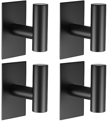 VAEHOLD Wall Towel Hooks, Heavy Duty Sticky Holder Waterproof Towel Hooks for Hanging Coat, Clothes, Closet Hook Wall Mount for Kitchen (Black, 4 Pack)