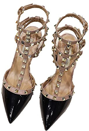 Spitzer Zehenabsatz für Damen, modischer Nieten, niedriger Block, klobige Pumps, mit Nieten besetzt, T-Riemen, Knöchelriemen, Schnalle, Kleid, Sandalen, geschlossene Zehen, klassische,Schwarz,38