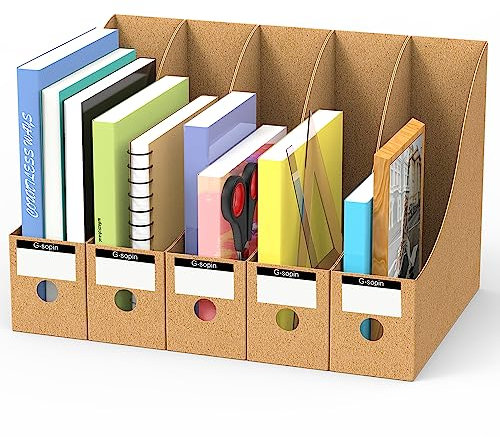 Magazine Files Holder, Cardboard Magazine Rack Pack of 5 with 5 Labels A4 File Organiser Box Recyclable Paper Files Folders for School Office Desktop File Paper Divider Storage