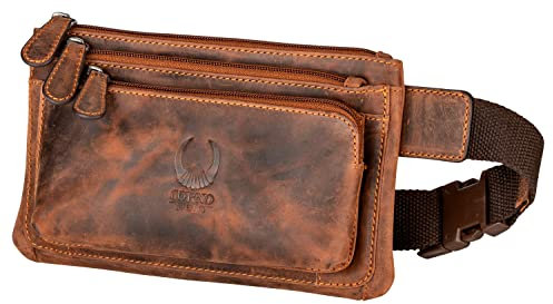 Corno d´Oro Handgefertigte Moderne Bauchtasche Damen und Herren aus Premium Echt Leder Vintage I Crossbody Bag Breiter Schultergurt I Gürteltasche 3 Fächer mit Reißverschluss Cognac