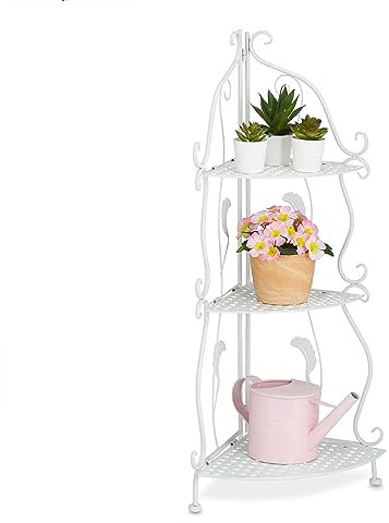 Relaxdays Scaffale Angolare Portafiori in Acciaio, 3 Ripiani Pieghevoli, Portavasi Piante e Fiori, 82,5x30x30 cm, Bianco, Plastica