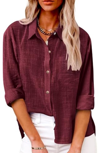 SHEKINI Camicia Lino Donna Camicetta da Donna Elegante Maniche Lunghe Cotone Blusa Maglietta Scollo a V Top Camicette Abbigliamento Donna Ufficio Casual