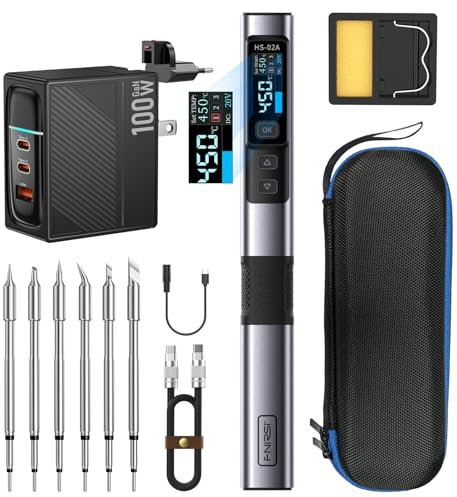 FNIRSI HS-02A - Kit de soldador portátil de 100 W, 100.0-450.0 °C, 3 grupos de temperatura preestablecidos, 3 puntas de soldadura, herramienta digital inteligente para reparación de precisión