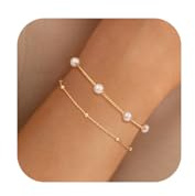 NECOCY Pearl Bracelets for Women Dainty 14K Gold Plated Pearl Beaded Bracelet Stack Trendy Thin Link Chain Charm Bracelets Set Stackable Tiny Wedding Bridesmaid Mother Gifts Jewelry for Women