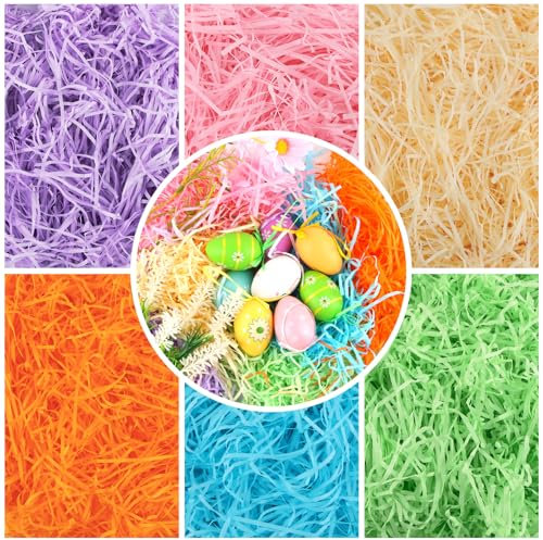 Dwafill Fausse Herbe Paques Couleurs 6, 300g Raphia Déchiqueté, Raffia Jaune, Herbe de Paques, Papier Remplissage Cadeau, pour Décorer Cadeaux Emballage, Paniers et Boîtes