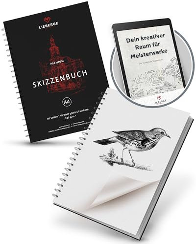 LIEBERGE Premium Skizzenbuch A4 220g – Radierfestes Sketchbook made in Germany – Zeichenblock für Bleistift, Marker, Mixed Media, Aquarell uvm. | 80 Seiten / 40 Blatt (DIN-A4 80 Seiten)