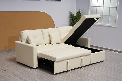 Classic L-Shaped 3 Seater Pull out Leather Corner Sofa Bed with Storage And Cupholder, Convertible Sofa Bed Settee Sectional Sofa for Living Room (Cream)