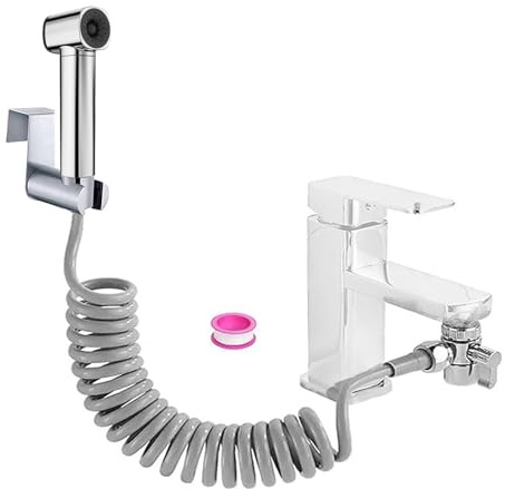 Bidé handdusch set, badrum bidéfäste med vattenkransdispenser, fjäderslangkrok, vattenkran, badrumshygien och blöjrengöring, två vattensprejeffekter, silverfärger