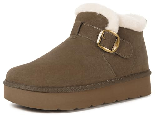 Botas de Ante para Mujer Cálido Piel Botines de Nieve Antideslizante Impermeables Cuero Genuino Invierno Cómodas Zapato Outdoor,Café,42 EU