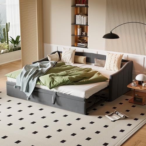 Expanderbar dagsäng 90/180 x 200 cm, vadderad bäddsoffa med utdragbar säng, utdragbar gästsäng för dubbelsäng, bäddsoffa för vuxna 2 personer, konvertibel bäddsoffa för 2 personer, sammet, utan