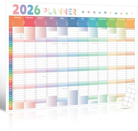 Wall Planner 2026 - A1 (84.1 x 59.4cm) - Double-Sided Laminated Yearly Schedule Calendar with 8 Stickers, Folded Packaging, Home Office School Wall Organiser, Vertical Soft Gradient, Multicolour
