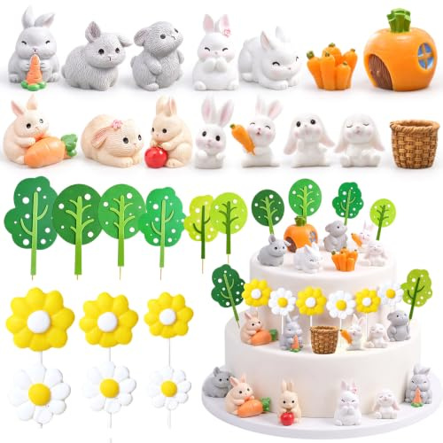 Figuras de Conejos Miniatura - Decoración para Tarta de Pascua, Jardín de Hadas, Terrario - Regalo de Cumpleaños, Primavera, Decoración del Hogar (Decoración para Tarta 3)