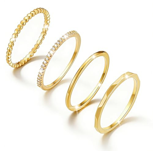 Sterling Silver Stacking Rings for Women Girls 14K Gold Plated Ring Non Tarnish Thin Trendy Stackable Dainty Cubic Zirconia Finger Pinky Thumb Wedding Band Rings Set Jewellery Gifts