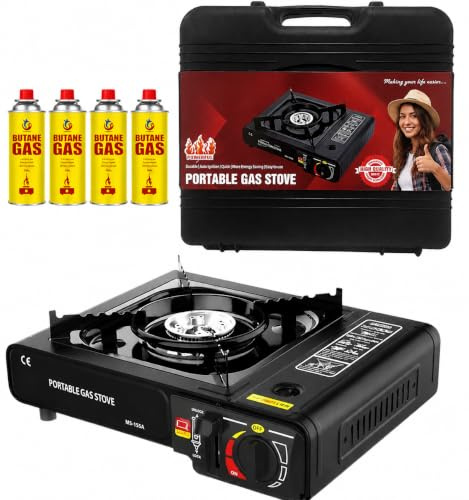 OptiProducts Portable Camping Stove with Carry Case & 4 Butane Gas Canisters – Black Single Burner Gas Cooker, Automatic Piezo Ignition, Adjustable Heat Control, EN417 Compliant, 2100W