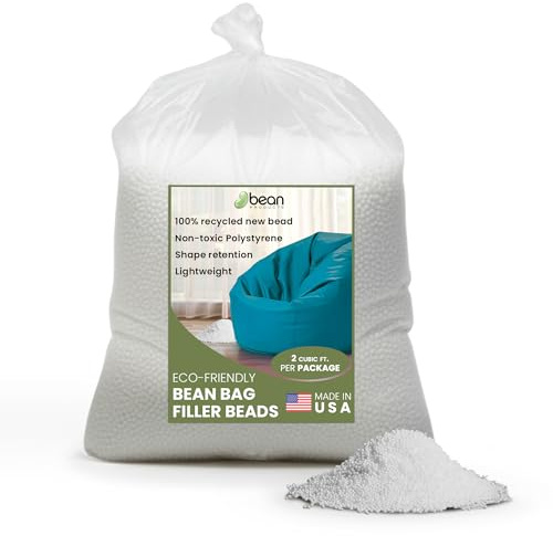 Bean Products Bean Bag Refill Beads - 100% Recycled NEW Polystyrene Filler Beads for Lasting Support - Poly Fill Beans - Versatile Filling for DIY Projects - Made in USA - 2 Cubic ft.