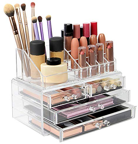 Cosmetic Makeup & Jewellery Organiser | Clear Acrylic 20 Section Beauty Dressing Table Holder Box | Stackable or Free Standing Storage Drawers Included | Pukkr