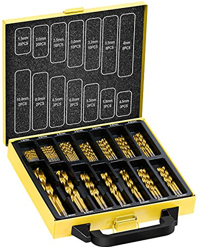 TOPEC 108 pc HSS-Titanium Drill Bit Set, Multi-Material Timber Metal Plastic Aluminium, 1.5-10 mm × 14 Sizes, Self-Centring 118° Tip, No Pilot Hole Needed, Metal Storage Case, DIY & Pro Use