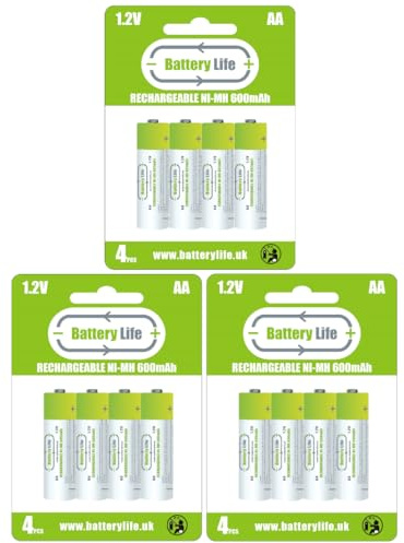 Battery Life AA Rechargeable Batteries (12 pack) 600mAh Ni-MH 1.2v Household UK Brand