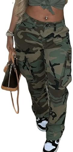 NRTHYE Women Camo Cargo Pants Pocket Zipper High Waist Patchwork Straight Casual Trousers
