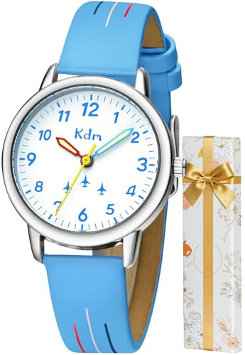 KDM Montre Enfants Montre Pédagogique Apprentissage Filles Garçon Montres Étanche Analogique Quartz Montre Bracelet Cuir Bleu Time Teacher, Cadeaux pour Enfant 3-12 Ans