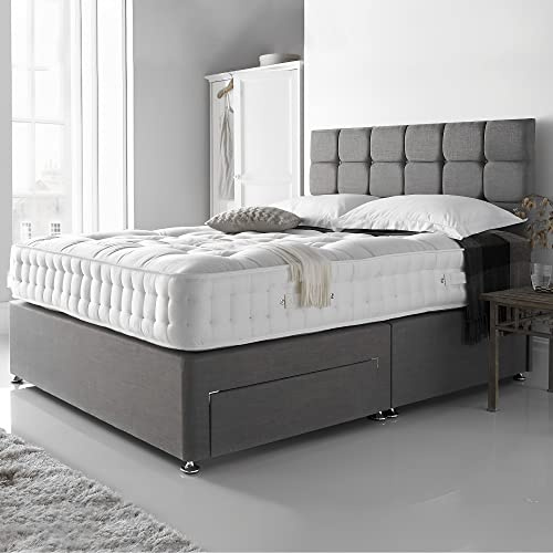 DBZ BEDS Reinforced 6FT Super King Bed Set with 2000 Series Mattress – Grey Linen Velvet Divan Bed Frame with Storage Options – 26 Headboard & Chrome Glider Feet – Made in UK