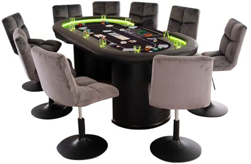 HOME DELUXE - Tavolo da poker con 6 sedie DOUBLE UP - Tavolo con illuminazione a LED e portabibite, dimensioni: 215 x 106 x 78 cm, colore sedia: grigio chiaro