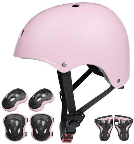 KORIMEFA Casco Infantil Equipo de Protección Patinete con Casco Adjustable Rodilleras Coderas para Bicicleta Monopatín y Deportes Extremoscon de 3 a 13 años (M, Rosa pálido)