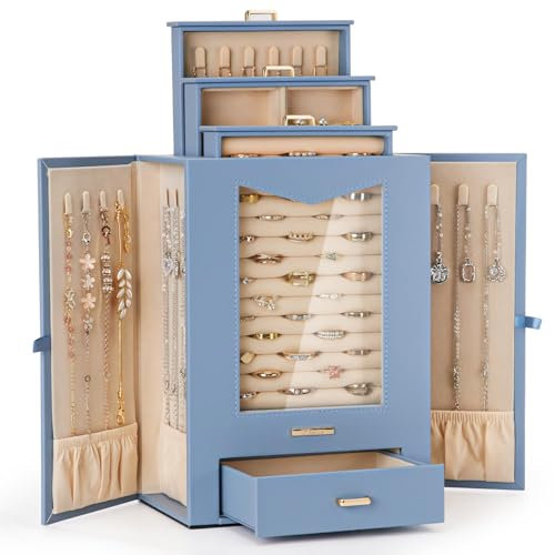 Seelux Schmuckkästchen mit echtem Glasfenster Halsketten Haken Schmuckkasten Schmuckschrank für Halsketten Ringe Ohrringe Armbänder, Geschenk für Frauen (Grau Blau)