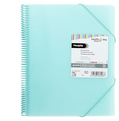 Grafoplas - Portafolios a4 Plastico, 50 Fundas Transparentes, Verde Mint, Polipropileno Extra, Espiral PVC, Maxiplás Multiline, Perfecto Material Escolar y de Oficina