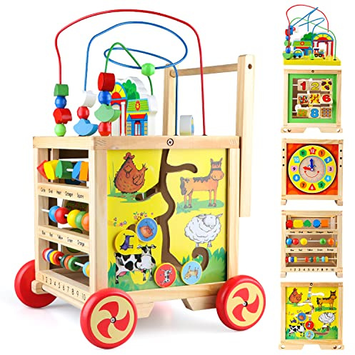 Wooden Activity Cube 6 in 1 Montessori Educational Learning Sensory Toys for 1 Year Old 12-18 Months Boys Girls First Birthday Gifts for Baby Toddler Toys Age 1-2 Bead Maze Shape Sorter Abacus