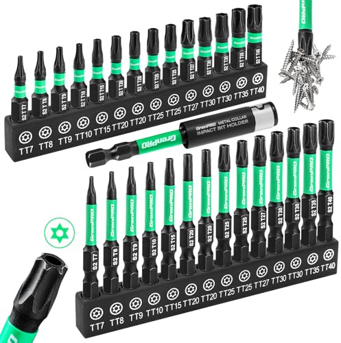 GRENPRO Torx Bit Set 29pcs Impact Driver Bit Set, S2 Steel Torx Screwdriver Sets, Tamper Proof Star Bits Sets, Star Screwdriver 1&2 Long (TT7-TT40) Torque Security Bits with Magnetic Bit Holder