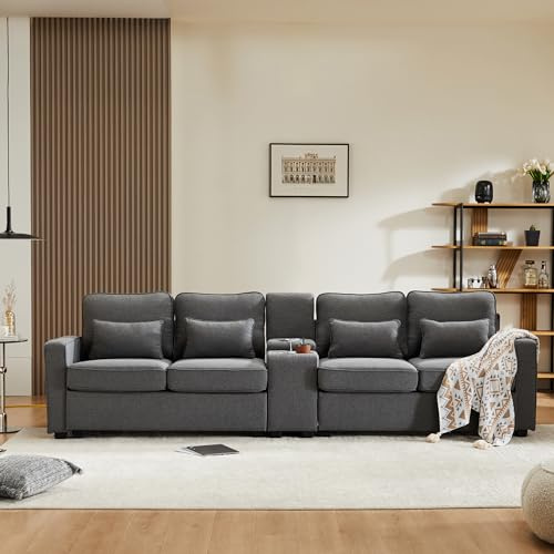 Sofá moderno de 4 plazas de tela de lino con consola, 2 soportes para bebidas, 2 puertos USB para cargar con cable, con bolsillos para reposabrazos y 4 cojines, sofá simple para salón, apartamento,