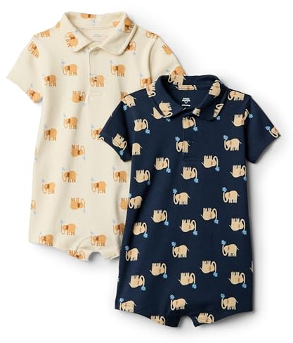 Amazon Essentials Baby Boys' Short Sleeve Cotton Polo Romper, Pack of 2, Elephants, 12 Months