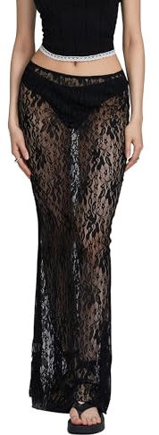 ensswliz Women Lace Long Skirt High Waist See Through Midi Skirts Summer Elegant Beach Party Slim Fit Maxi Skirts (A-Black, L)