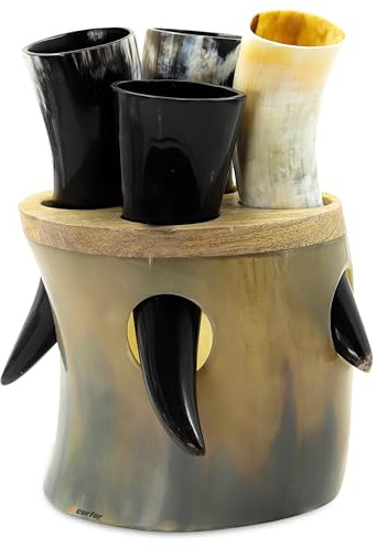 Viking - Juego de 4 tazas de cuerno de cerveza con soporte, vasos de chupito hechos a mano con soporte de madera y bolsa de regalo, vasos de hidromiel de grado alimenticio para cerveza, whisky