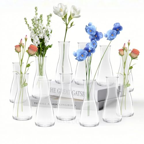 LUOJINYI Pequeños jarrones, 12 jarrones de cristal, pequeños para decoración de mesa, decoración de boda, pequeños jarrones de cristal, frascos de cristal para decoración de mesa, decoración de boda