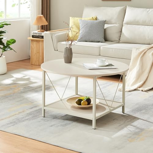 [en.casa] Mesa de Centro Filem Mesa Baja con Tablero Redondo con Estante Mueble Auxiliar Mesita para Salón 80 x 46 cm - Color Arena