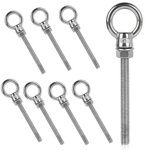 Viti ad anello lunghe, M10 x 100 mm, con occhiello M6, in acciaio inox, 8 viti per occhi con rondelle e dadi esagonali, in acciaio inox, vite ad anello lunga per amache, tende da sole