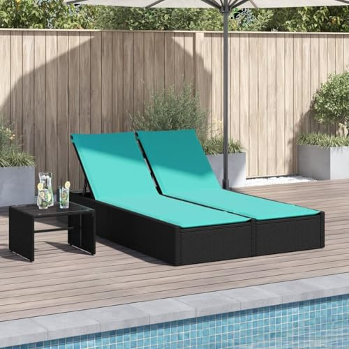 WGYHOME Doppel-Sonnenliege Schwarz PE-Rattan 200x123 cm mit Verstellbarer Rückenlehne & waschbaren Türkis-Kissen – für Garten, Terrasse, Pool & Balkon