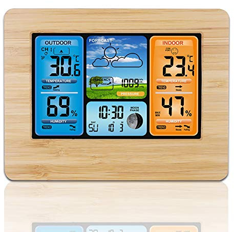 ALLOMN Funk Wetterstation, Multifunktionale Digitale Wettervorhersageuhr mit Wetter im Freien/Alarm/Temperatur/ Luftfeuchtigkeit/Barometer/Alarm/Mondphasenfunktion (Gelb)