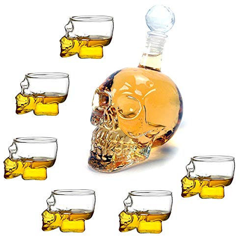BKFG Caraffa con set di bicchieri, caraffa in vetro da 350 ml e bicchiere da whisky da 75 ml, trasparente, per grappa, grappa, decantatore a forma di teschio, per bar, feste, Halloween